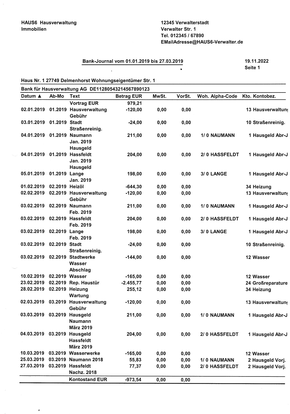 Journal aus der Buchhaltung der WEG Verwaltung.