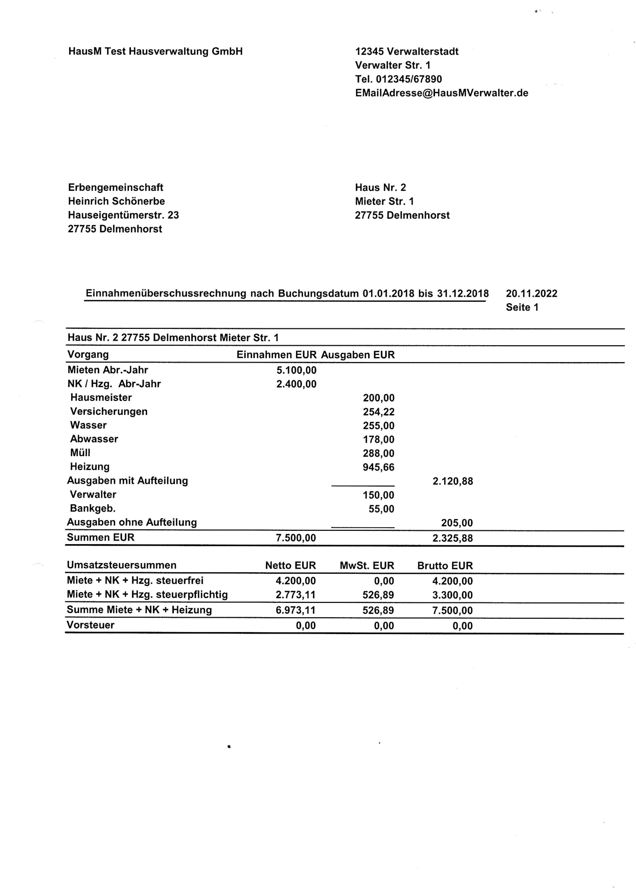 Einnahmenüberschussrechnung aus der Buchhaltung der Mietverwaltung.