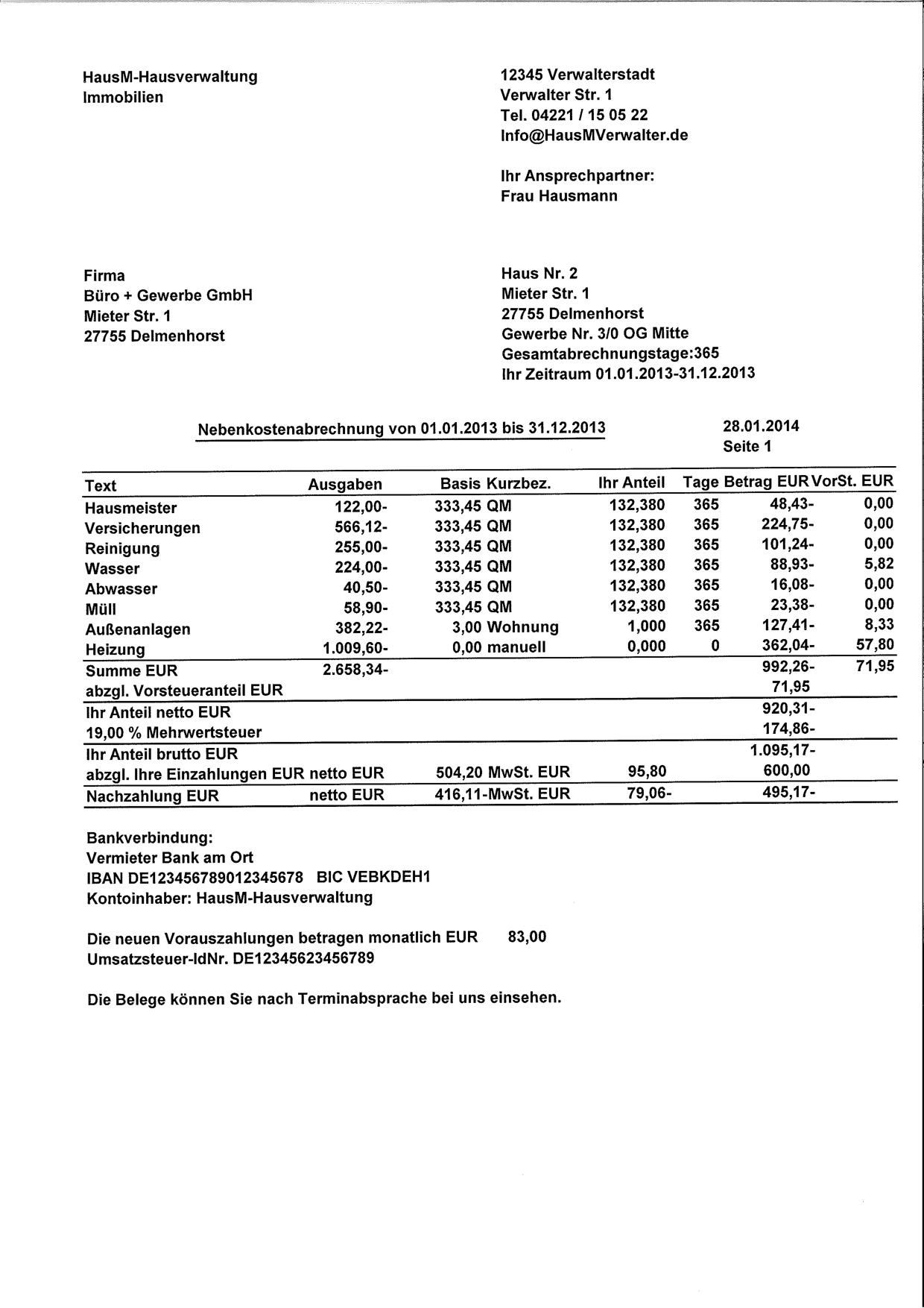 Muster Einer Nebenkostenabrechnung Fur Gewerbe Kostenlos